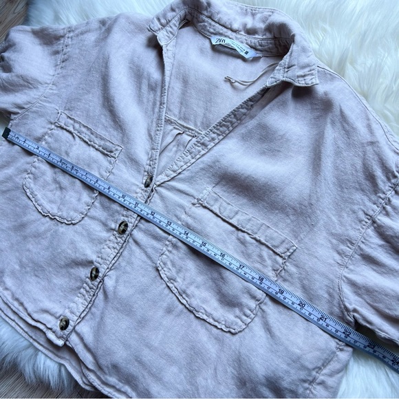 Zara Sz S Tan 100% Linen Button Up Shirt Cropped Short Sleeve Boxy Collared Top - Picture 7 of 17